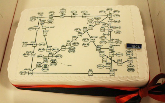 A birthday cake in the shape of the ARPAnet, showing UCL, the first connection outside the US